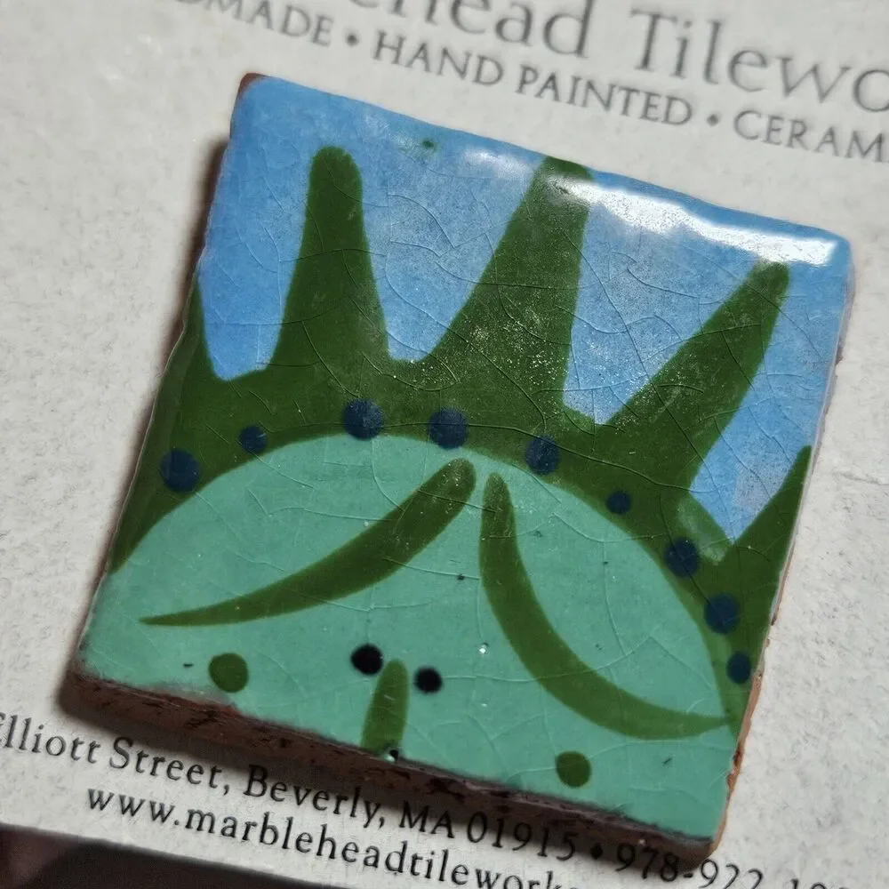 Marblehead Tileworks Green And Blue Painted Tile Brooch